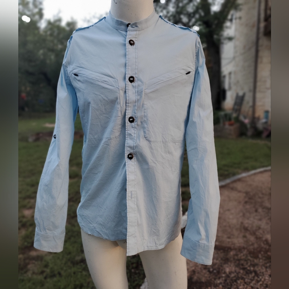 Vollebak Equator Light Blue Mandarin Collar Button-Up Vented Back Shirt L